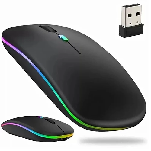 Mouse Sem Fio Recarregável com Led Design Ergonômico Conexão Dual Bluetooth 5.0USB 2.4GHz DPI Ajustável Silencioso